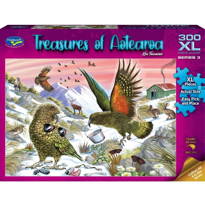 Colorful jigsaw puzzle featuring New Zealand's playful Kea parrot, designed for ages 8+, made with eco-friendly materials.