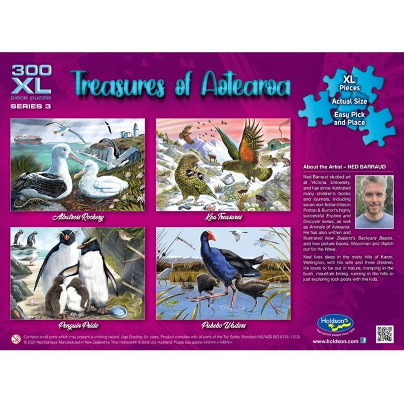 Kea Treasures puzzle featuring a playful Kea parrot, 300 large pieces, perfect for educational family fun, made in NZ.