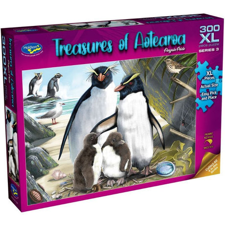 Vibrant jigsaw puzzle featuring penguins by artist Ned Barraud, made from eco-friendly materials for kids 8+.