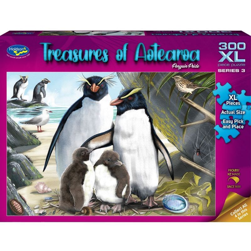 Holdson 300XL puzzle featuring vibrant penguins in Aotearoa, crafted by Ned Barraud, ideal for ages 8 and up.