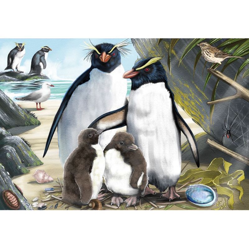 Holdson Puzzle featuring vibrant penguins in New Zealand, 300 extra-large pieces, ideal for nature lovers aged 8+.