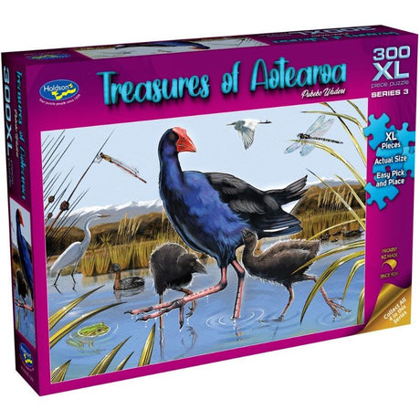 Pukeko Waders jigsaw puzzle featuring vibrant artwork of New Zealand's native Pukeko bird, suitable for ages 8 and up.