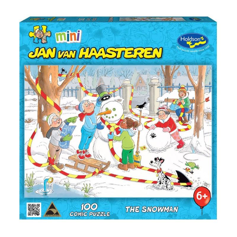 Colorful 100-piece puzzle featuring whimsical winter scene artwork by Jan Van Haasteren, perfect for family fun and bonding.