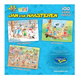 Whimsical 100-piece jigsaw puzzle featuring Jan Van Haasteren's enchanting winter scene of The Snowman, ideal for families.