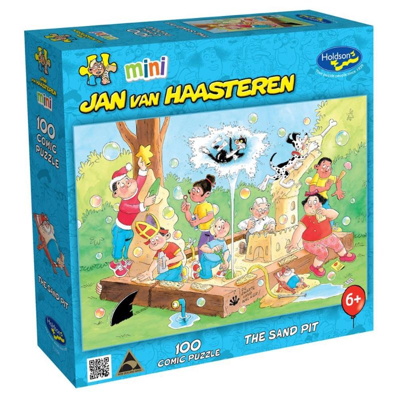 Colorful 100-piece puzzle of children playing in a sandpit, illustrated by Jan Van Haasteren, perfect for family fun.