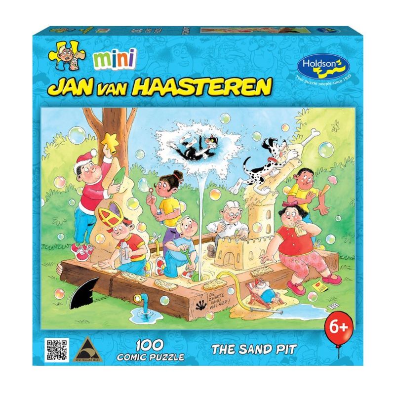 Colorful 100-piece puzzle illustrating children playing in a beach sandpit, designed by Jan Van Haasteren. Perfect for ages 8+.