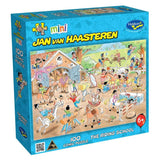 Colorful 100-piece jigsaw puzzle featuring a whimsical riding school scene by Jan Van Haasteren, ideal for ages 8+.