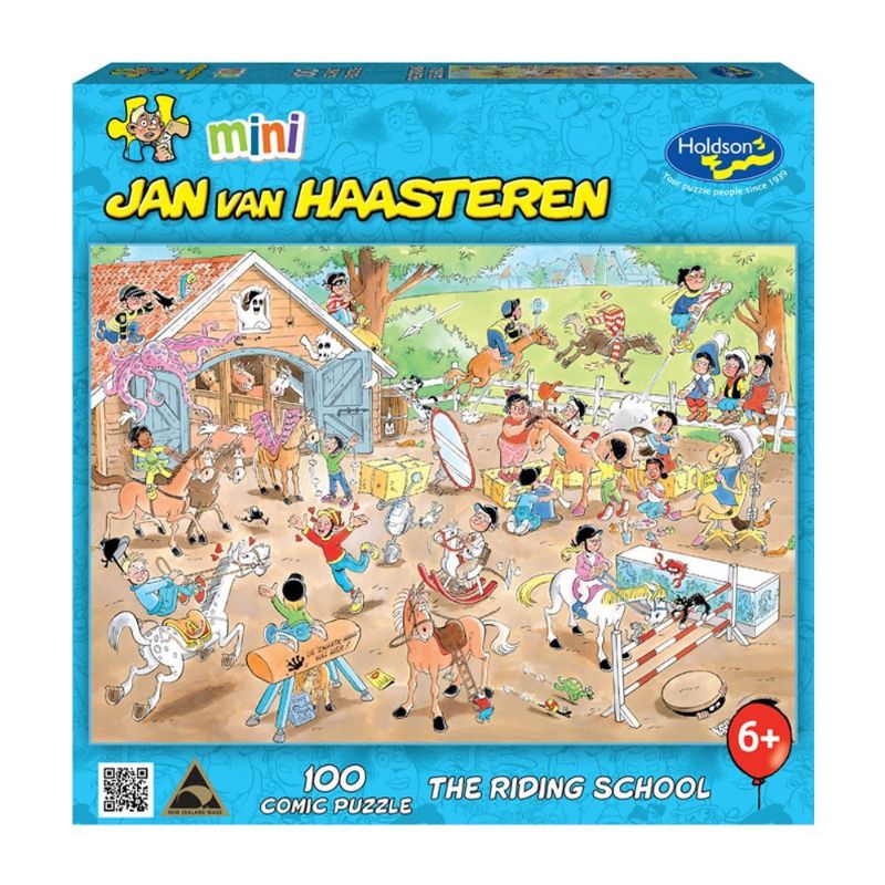 Colorful 100-piece jigsaw puzzle of a whimsical riding school scene by Jan Van Haasteren, ideal for kids 8+.