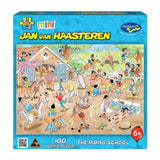 Colorful 100-piece jigsaw puzzle of a whimsical riding school scene by Jan Van Haasteren, ideal for kids 8+.