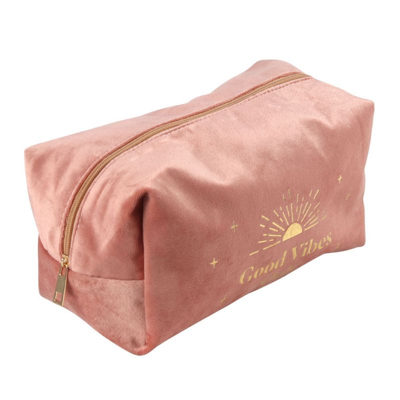 Stylish Good Vibes Only Toiletry Bag with gold lettering and sun motif, perfect for organizing toiletries at home or while traveling.