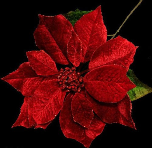 Lifelike single glittered Poinsettia stem in luxurious red velvet, perfect for holiday decor and elegant floral arrangements.