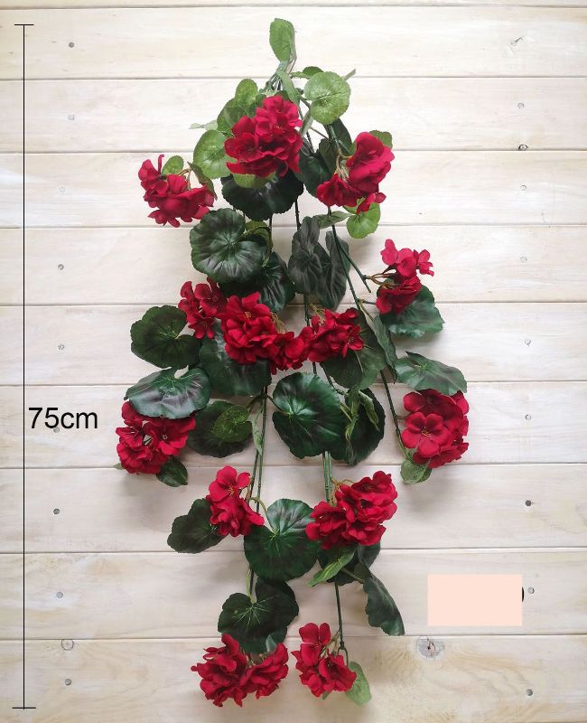 Vibrant 75cm artificial red geranium flower bush with realistic petals and lush leaves, perfect for low-maintenance decor.