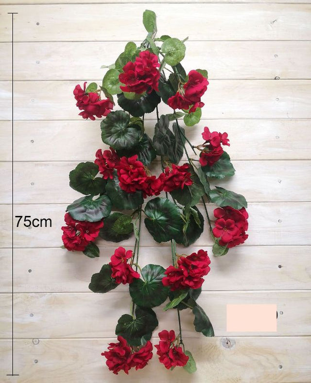 Vibrant 75cm artificial red geranium flower bush with realistic petals and lush leaves, perfect for low-maintenance decor.