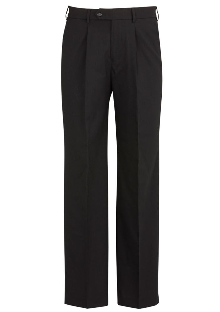 Men's black one pleat pants by Biz Collection featuring a stretch waistband, internal pocket, and sophisticated fit for business use.