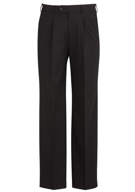 Men's black one pleat pants by Biz Collection featuring a stretch waistband, internal pocket, and sophisticated fit for business use.