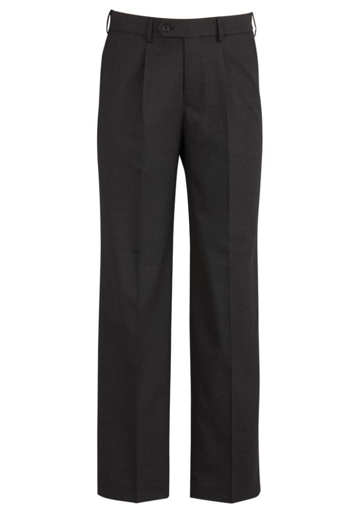 Men's charcoal one pleat pants with elastic waistband, suitable for formal occasions and daily wear, featuring practical pockets.