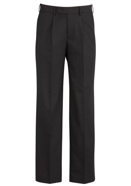 Men's charcoal one pleat pants with elastic waistband, suitable for formal occasions and daily wear, featuring practical pockets.
