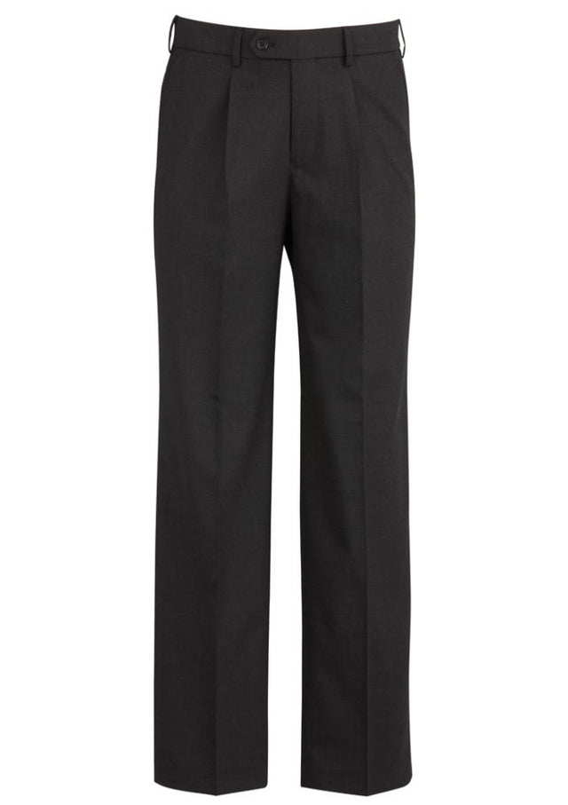 Men's charcoal one pleat pants with elastic waistband, suitable for formal occasions and daily wear, featuring practical pockets.