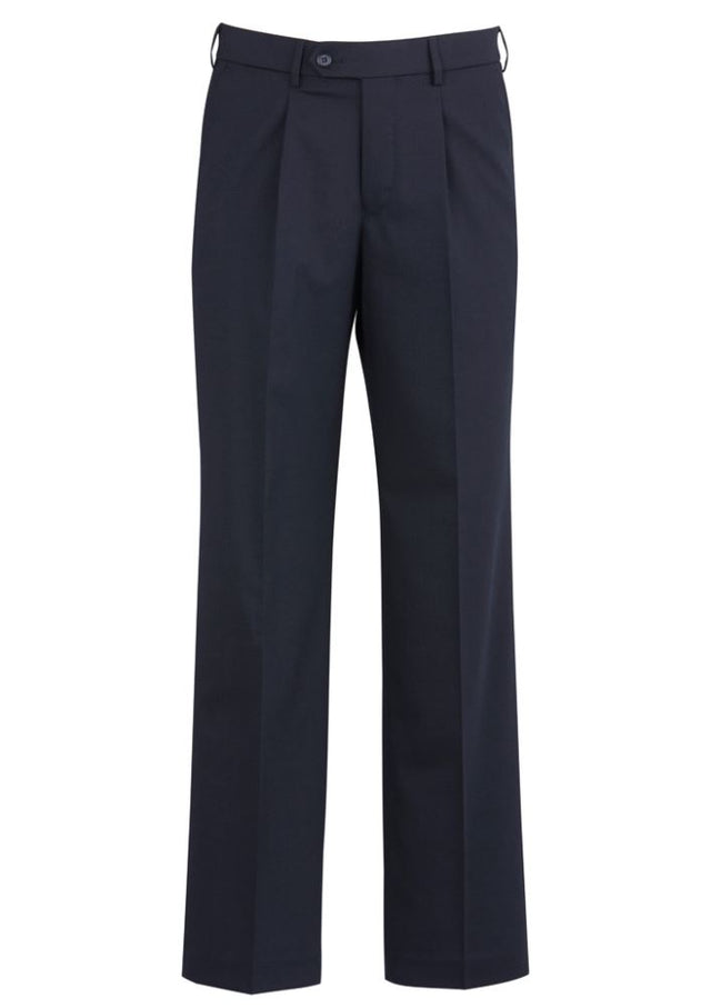 Navy Men's One Pleat Pants from Biz Collection, featuring comfort stretch waistband and classic pleat for versatile styling.