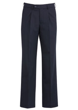 Navy men's trousers with one front pleat, designed for comfort and style, featuring stretch waistband and multiple pockets.