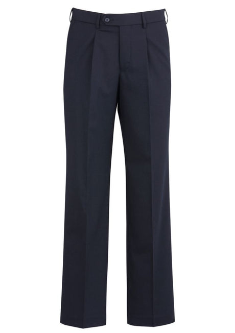 Navy men's trousers with one front pleat, designed for comfort and style, featuring stretch waistband and multiple pockets.