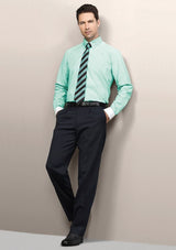 Men's charcoal one pleat pants with stretch waistband, tailored fit, and practical pockets for office or formal wear.