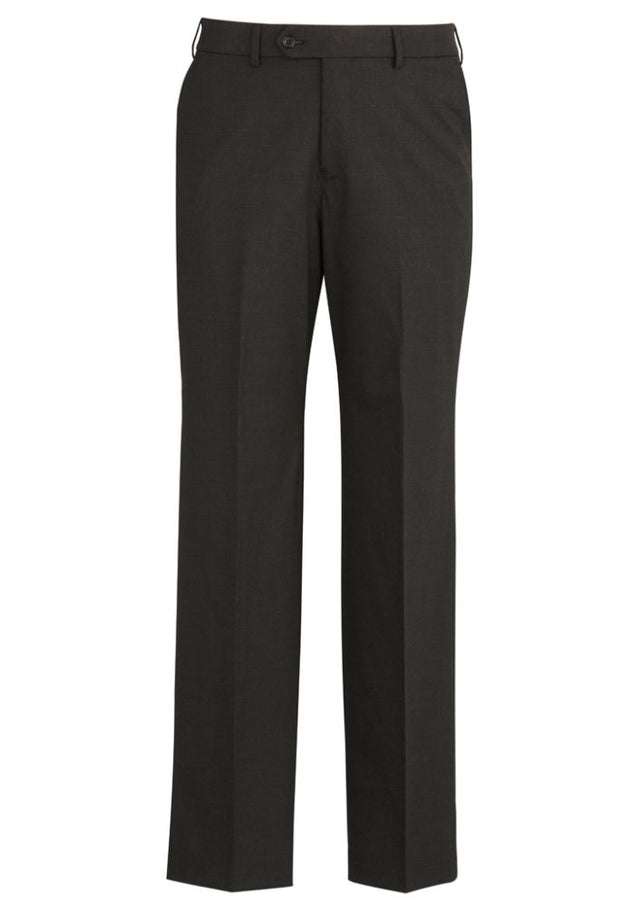 Mens Flat Front Pant in charcoal, featuring a sleek design, stretch waistband, and practical pockets for style and comfort.