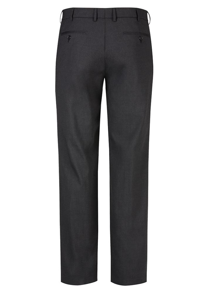 Men's charcoal flat front trousers by Biz Collection, featuring a tailored design, stretch waistband, and functional pockets.