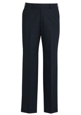 Men's navy flat front pants with stretch waistband and pockets, perfect for formal and business wear.