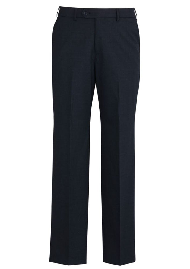 Men's navy flat front pants with stretch waistband and pockets, perfect for formal and business wear.
