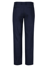 Men's navy flat front pants with a sleek design, comfortable stretch waistband, and practical pockets for everyday style.