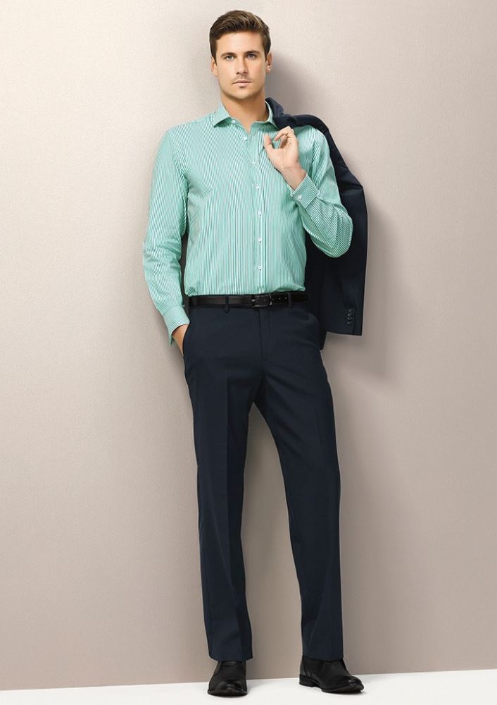 Mens Flat Front Pant in Navy, featuring a modern slim fit, stretch waistband, and practical pockets for comfort and style.