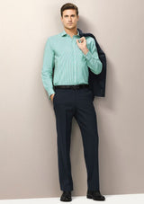 Mens Flat Front Pant in Navy, featuring a modern slim fit, stretch waistband, and practical pockets for comfort and style.