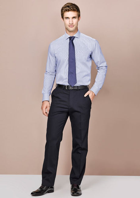 Men's charcoal adjustable waist pants featuring a hidden elastic waistband and deep side pockets for professional comfort.