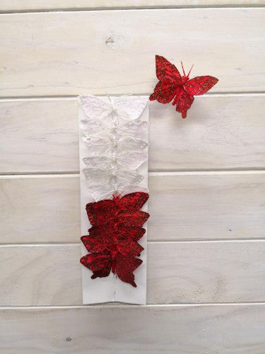 Artificial Craft Butterfly with Red and White Glitter x 12