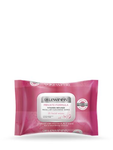 Luxuriously soft micellar cleansing wipes infused with vitamins A, B, C, E, and minerals for refreshed, nourished skin.