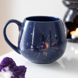 Blue Crescent Moon Rounded Mug featuring crescent moons and stars, accented with gold foil on deep blue New Bone China.