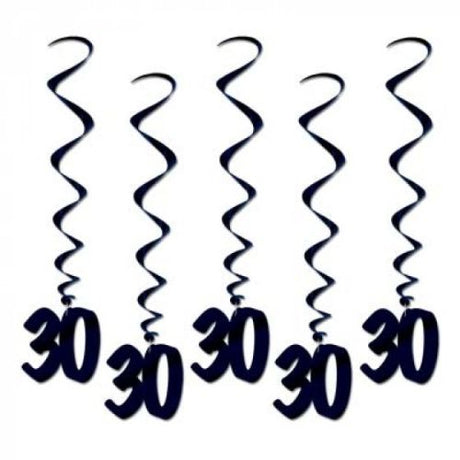 Black swirling decoration whirls for elegant 30th birthday celebrations, perfect for enhancing party ambiance. Pack of 30.