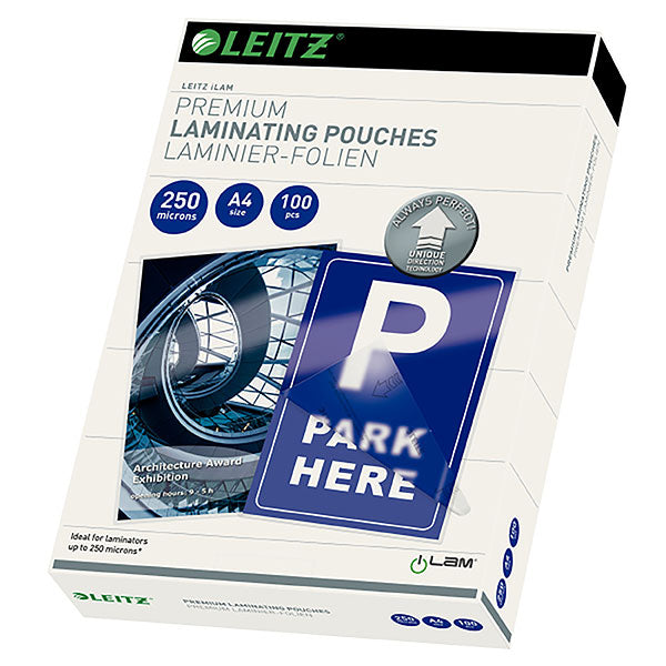 High-quality A4 lamination pouches, 250 microns, 100 pack, glossy finish, robust protection for documents and artwork.