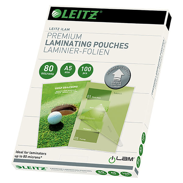 Leitz Ilam Pouch A5 80mic pack of 100, ultra-premium lamination pouches for robust document protection and enhanced color.