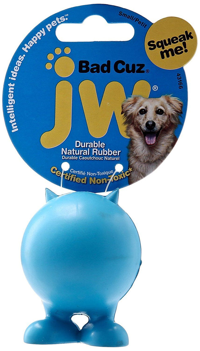 JW Bad Cuz Small Dog Toy in red, 5cm, features entertaining feet and a squeaker for interactive play and healthy chewing.