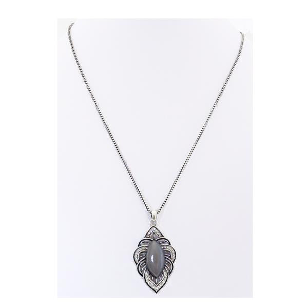 Filigree necklace featuring a silver-grey catseye gemstone, elegantly designed for versatile, sophisticated wear.