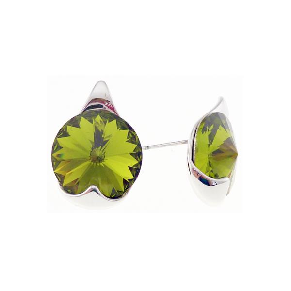 Stunning Swarovski CZ olivine crystal stud earrings featuring a vibrant green hue, perfect for any occasion.