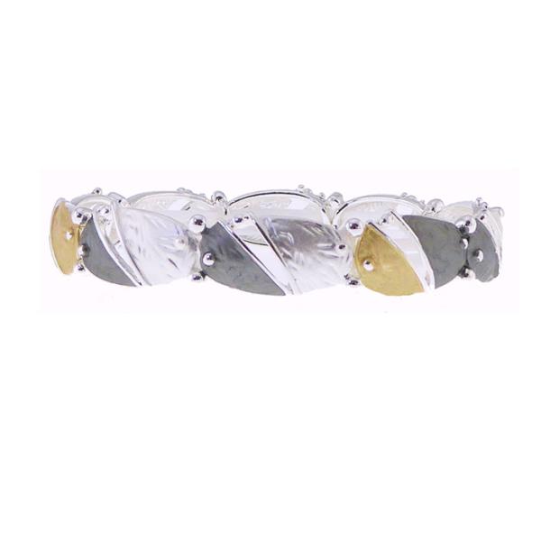 Elegant elasticated bracelet featuring gold, silver, and grey oval links for versatile day-to-night wear.
