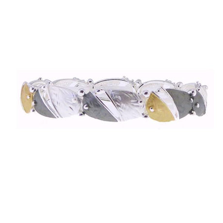 Elegant elasticated bracelet featuring gold, silver, and grey oval links for versatile day-to-night wear.