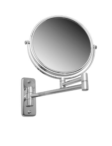 Reversible 4x magnifying mirror with chrome finish, wall-mounted, extendable, ideal for flawless beauty routines.