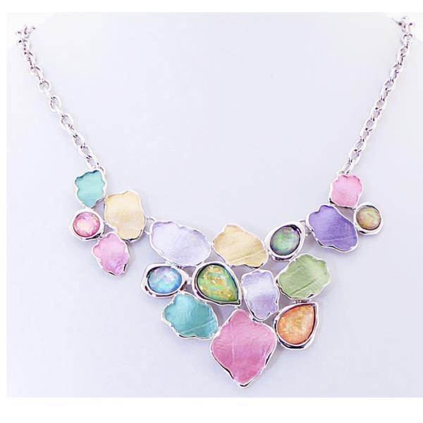 Vibrant multi-colour necklace featuring geometric shapes, perfect for layering or bold solo wear, 46 cm in length.