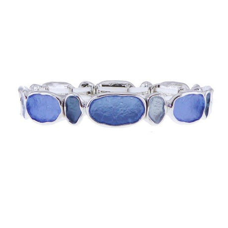 Stylish blue elasticated bracelet featuring interlocking ovals, perfect for elevating any outfit with charm and versatility.