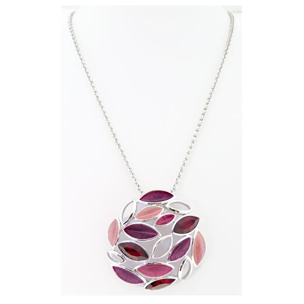 Round pendant necklace featuring burgundy and pink leaves with crystals, 5cm pendant on a 46cm chain.