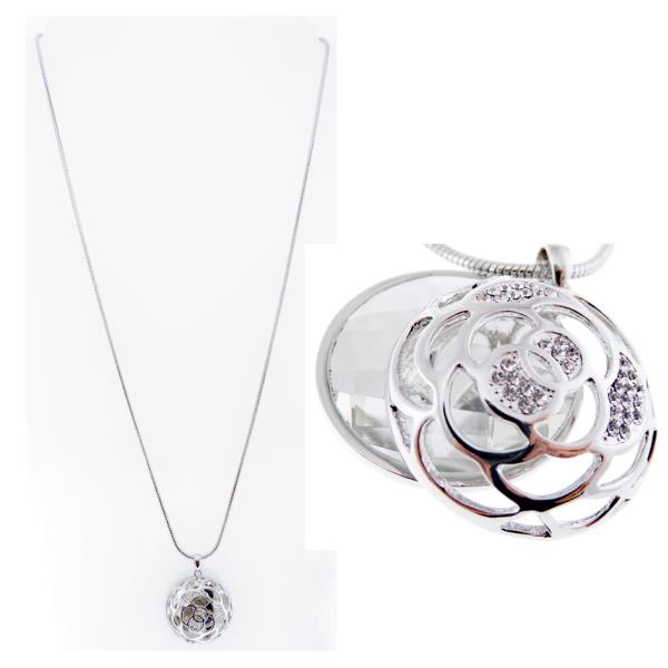 Faceted clear crystal necklace with silver rose accent, measuring 4.5cm on an 80cm chain, perfect for any occasion.